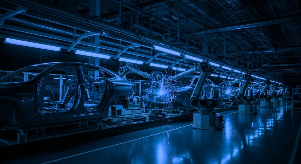 Automotive OEM assembly line with green lighting